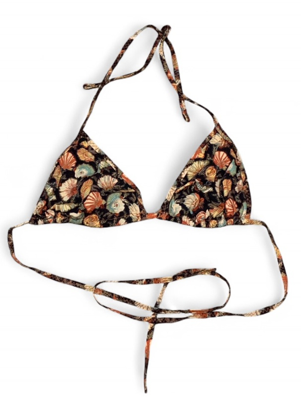 Doen Triangle Bikini Top in Black with Multicolor Shell Print